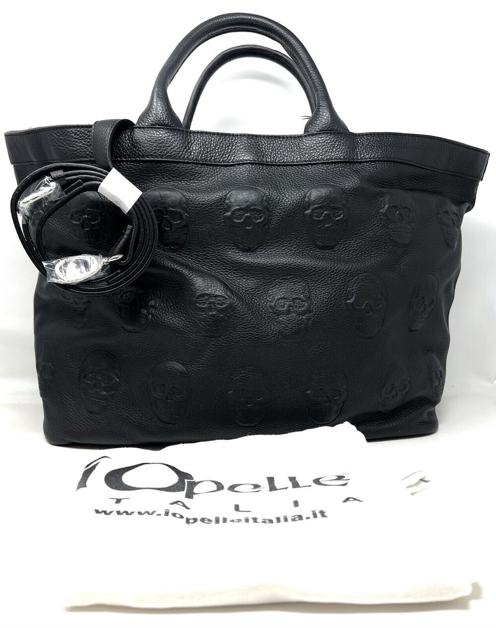 IO PELLE Skull Embossed Blck Leather Tote Bag XL Weekender Crossbody Strp ITALIA